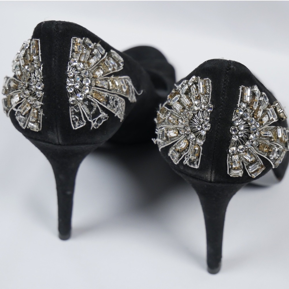 Gucci Black Suede Crystal Embellished Peep Toe Pumps 186938 C2000 7B - Picture 7 of 15